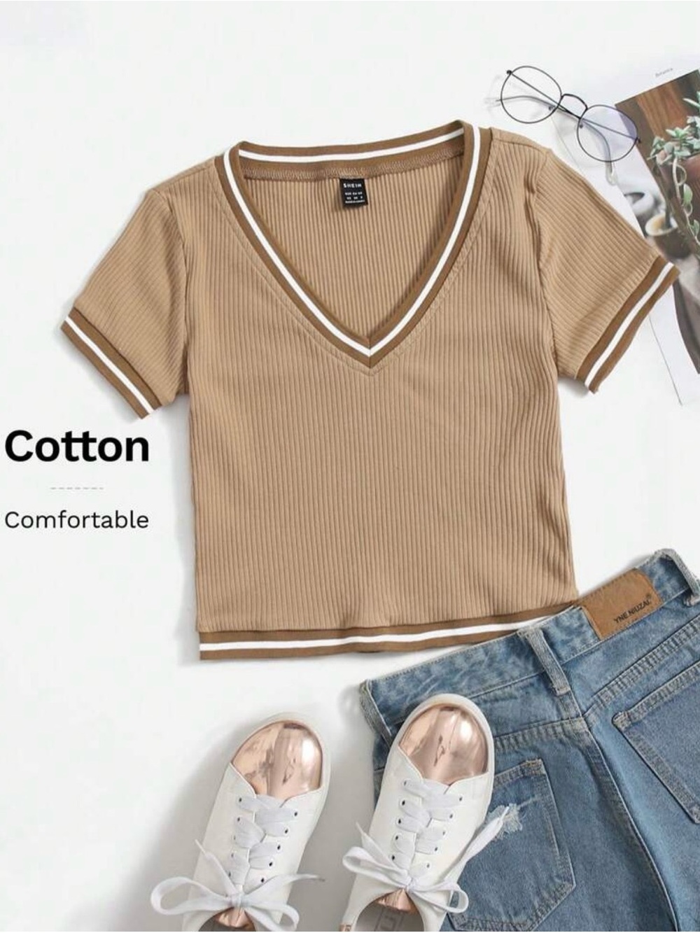 SHEIN Tan Ribbed V-Neck Crop Top with White Trim